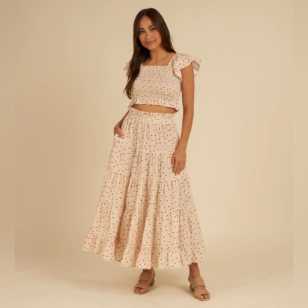 Rylee + Cru strawberry fields tiered ruffle maxi skirt and zayla top - XS SET